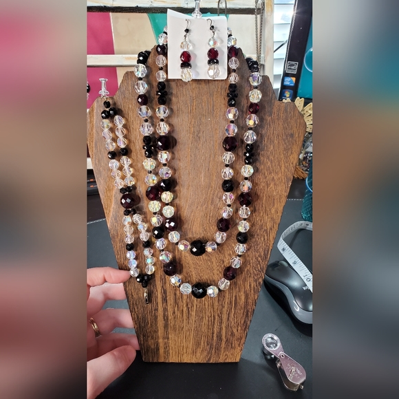 Vintage necklace Bracelet earring set. AuroraBorealis black garnet glasscrystal - Picture 5 of 15